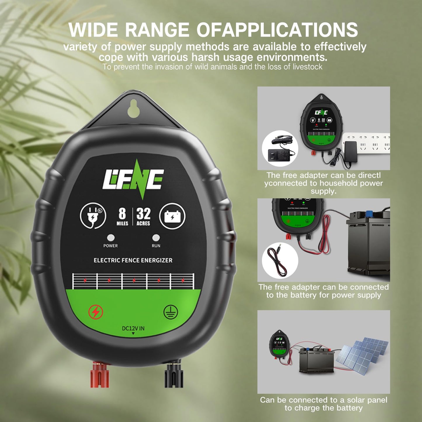Lifence AC&DC 2 in 1 Powered Supply 8 Mile Electric Fence Energizer for Preventing Wild Animals Intruding 32 Acre Input 12V Output Voltage 10KV 1 Joule Deter Predators Contain Cattle Cow and Livestock