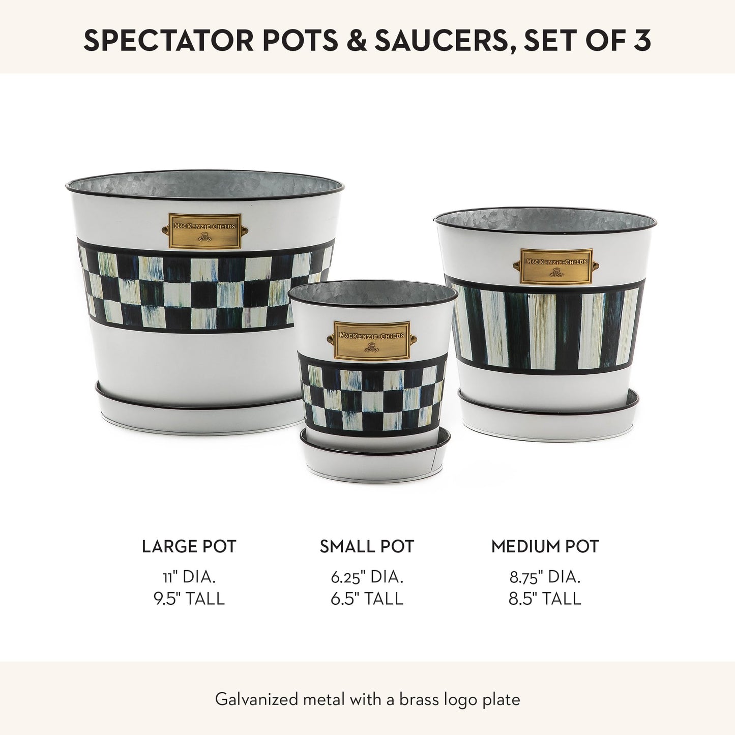 MACKENZIE-CHILDS Galvanized Flowerpots and Saucers, Set of 3, Black-and-White Spectator