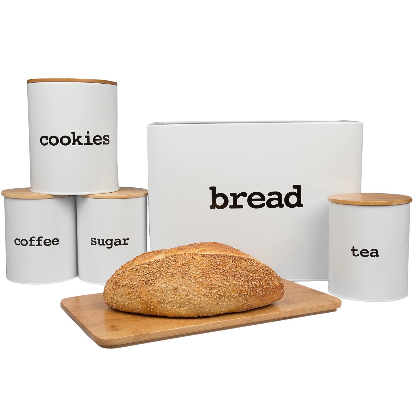 Airtight Metal Canister Set for the Kitchen w Lids and Cutting Board and Lids (10pc Set) - Organize Tea, Sugar, Coffee, Cookie Jar, Snacks, Breadbox with Ease - Kitchen Gift for the Cooking Enthusiast