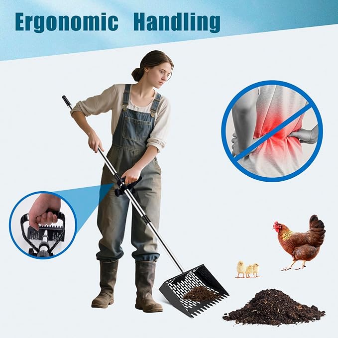 10-inch Large Metal Chicken Poop Scooper＆Rake 2-in-1 with Ergonomic Grip Adjustable Long Handle(36 to 61 Inches) for Cleaning Chicken Sand,Chicken Poop Sifting Shovel,Chicken Coop Accessories﻿