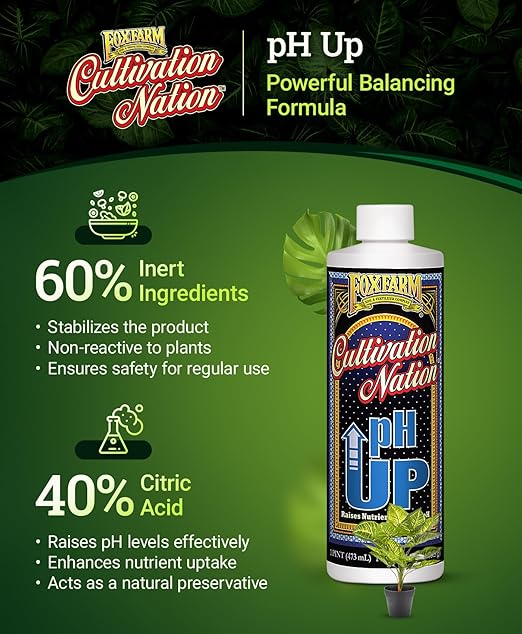FoxFarm Cultivation Nation pH Up - Liquid Nutrient Solution Adjuster, Raises pH Levels for Hydroponic & Soil Gardens - Formulated with Potassium Hydroxide for Optimal Growth (Pint)