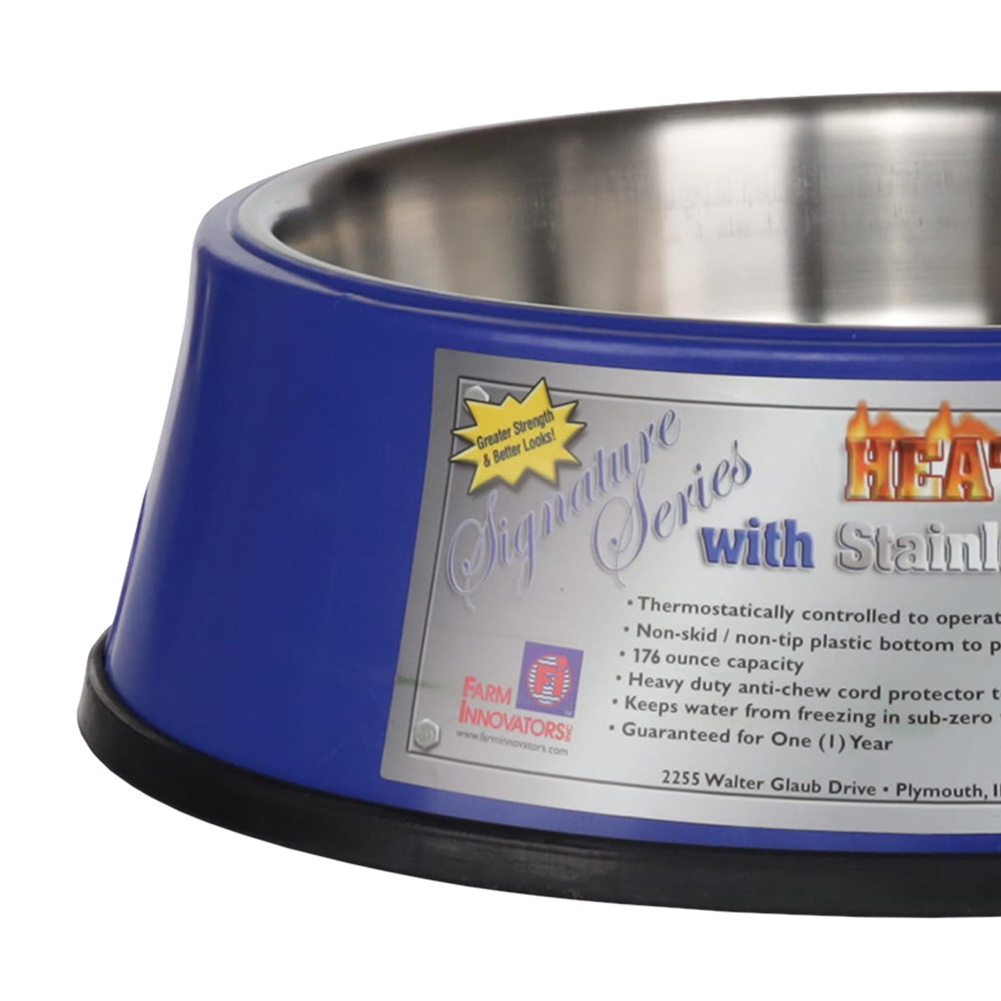 Farm Innovators Signature Series 60 Watt 5.5 Quart Electric Heated Pet Water Bowl with Stainless Steel Insert and Thermostatic Control, Blue