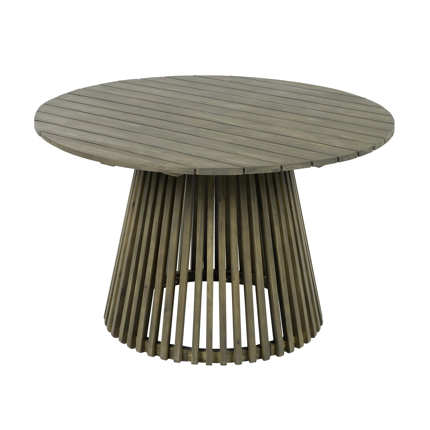 Christopher Knight Home Briar Farmhouse Acacia Wood Round Dining Table, Patio Dining Room Table with Unique Wooden Base for Backyard/Garden, Slatted Design Outdoor Dining Table, Light Teak