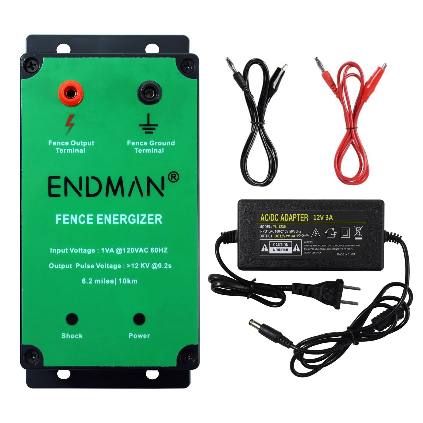 ENDMAN 6.2Mile Electric Fence Energizer for Animals, Electric Fence Kit 24 Acres Output Voltage 12KV 3J with Electric Fence Charger
