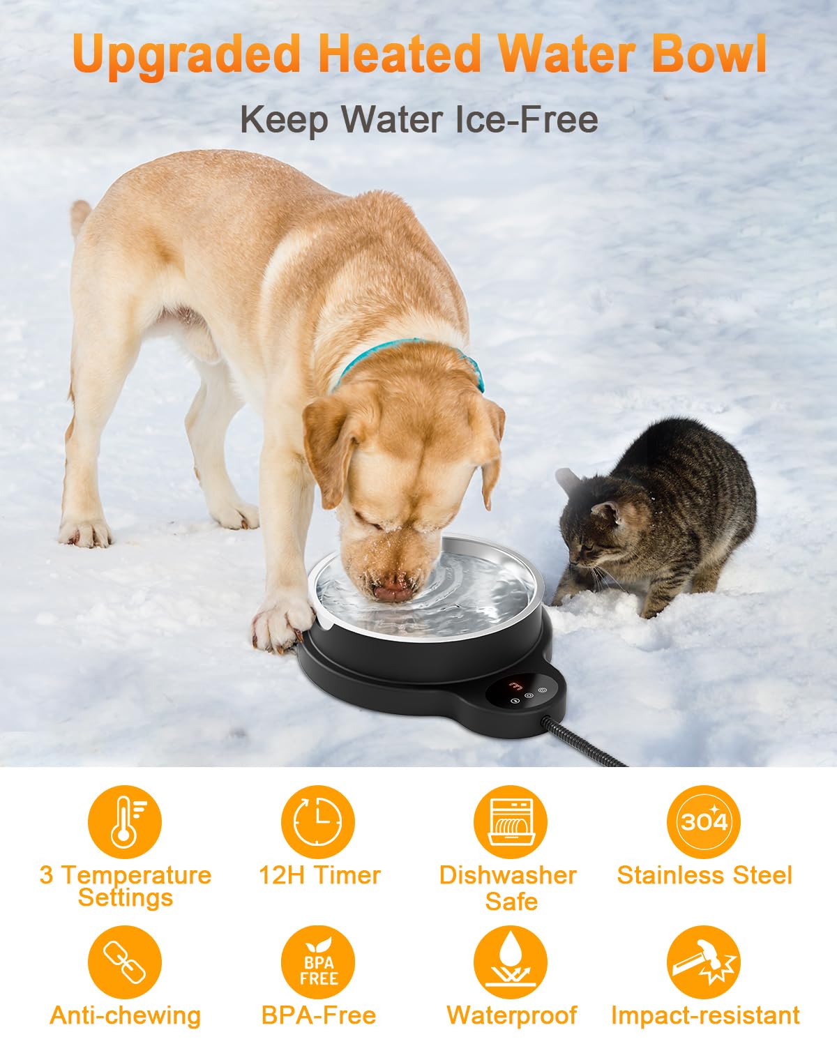 Heated Water Bowl for Dog & Cat, 3 Temperature Settings & 12H Timer, Outdoor Heated Pet Bowl with BPA-Free and 50oz Removable Stainless Steel Bowl, Anti-Chew Cord, for Chickens, Ducks, Birds