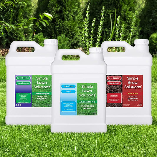 16-4-8 Lawn Food (2.5 Gallons) and Lawn Energizer Nitrogen & Iron (2.5 Gallons) and Root Hume, Humic (2.5 Gallons) - Simple Lawn Solutions