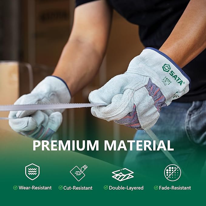 SATA Heavy Duty Halfleather Work Gloves, Doublelayer Cowhide, Cotton Lining, Leather Palm, Gardening, Yard Gloves