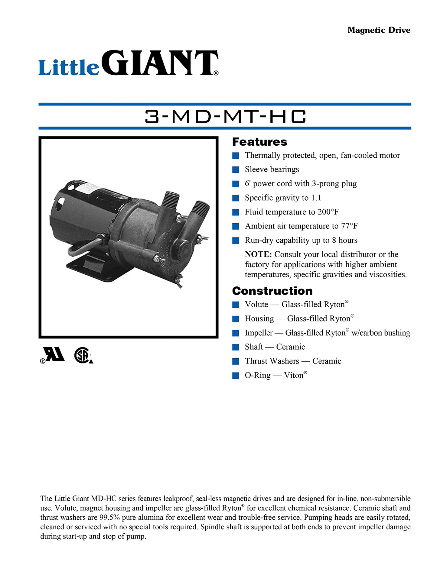 Little Giant 3-MD-MT-HC 115 Volt, 1/25 HP, 8.3 GPM Magnetic Drive Pump for Highly Corrosive Chemicals with 6-Ft. Power Cord, Black, 578603