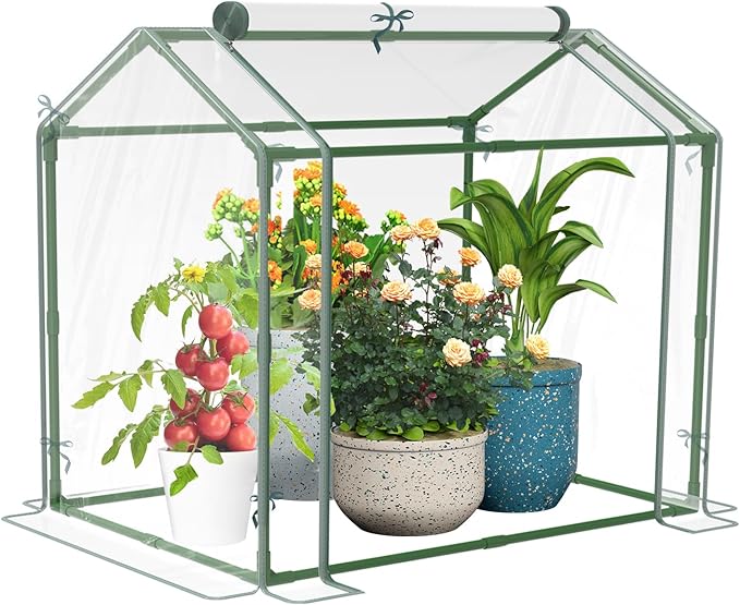 Esbaybulbs Mini Greenhouse with PVC Cover and Roll-Up Zipper Door, 33.5'L x 23.2'W x 32.5'H, Transparent, Steel Frame, Roll-Up Door, Garden Greenhouse