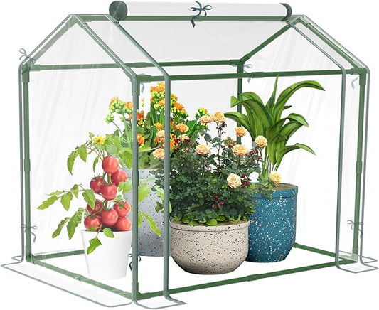Esbaybulbs Mini Greenhouse with PVC Cover and Roll-Up Zipper Door, 33.5'L x 23.2'W x 32.5'H, Transparent, Steel Frame, Roll-Up Door, Garden Greenhouse