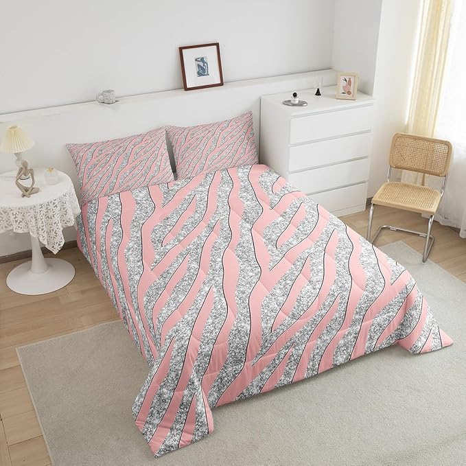 Women Leopard Bedding Set Girls Pink Silver Leopard Print Comforter Set for Kids Boys Teens Glitter Zebra Print Comforter Safari Animal Print Quilt Set Room Decor Duvet Set for All Season Queen Size