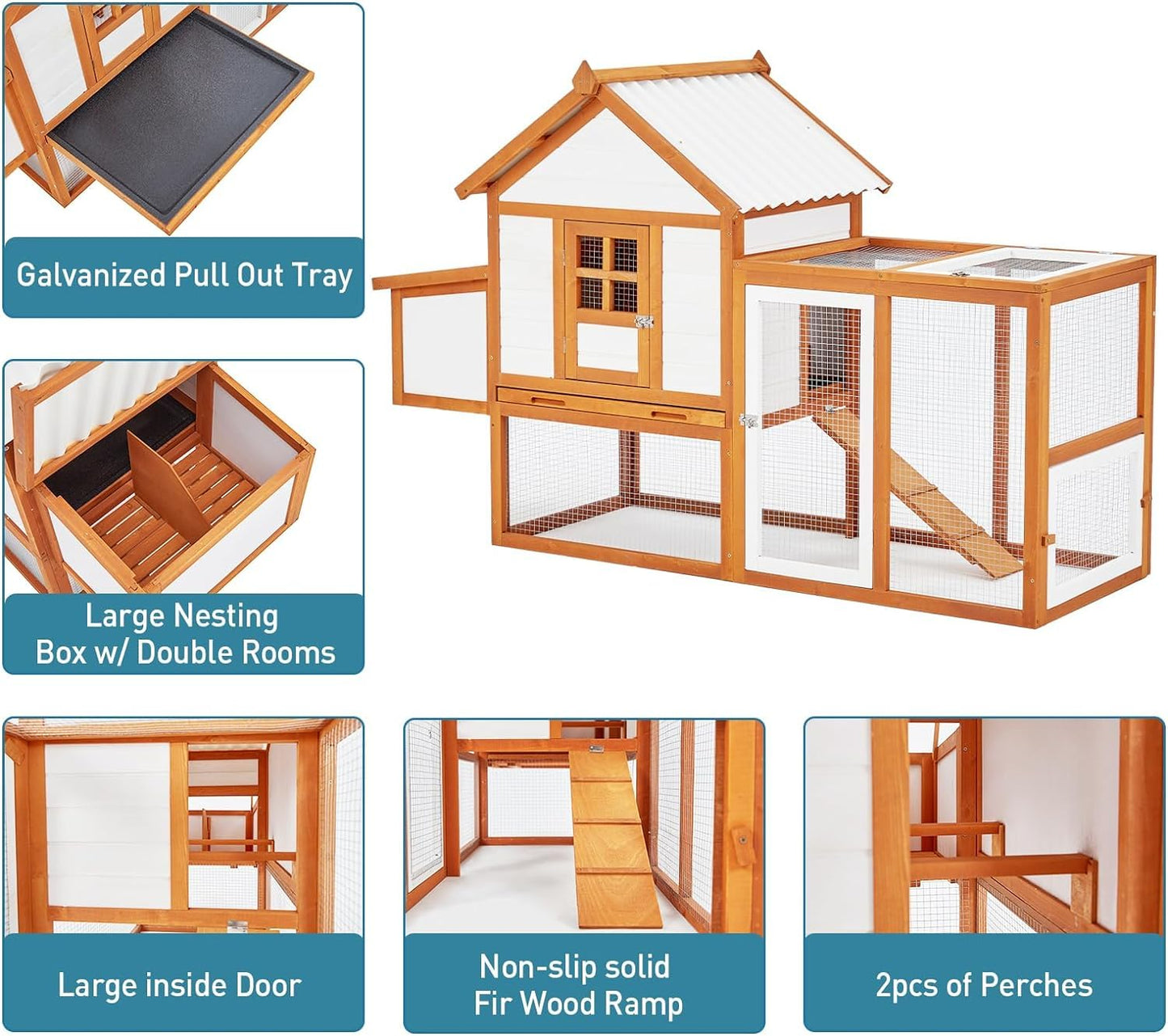 Chicken Coop Hen House, Large Walk in Wooden Chicken Duck Coop Accessories for 6/8/10 Chickens, Portable Outdoor Rabbit Hutch, Nesting Box with 5 Access Areas, Wire Fence