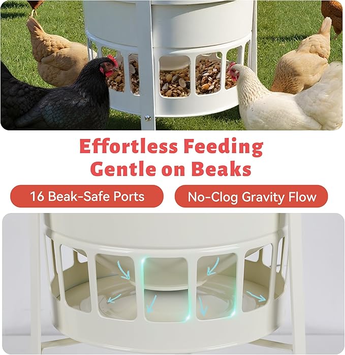KOL Metal Chicken Feeder - 50lbs Poultry Feeder with 16 Ports, Powder Coated Rust-Proof Design & Smooth Edges for Safe Feeding (Jade White)