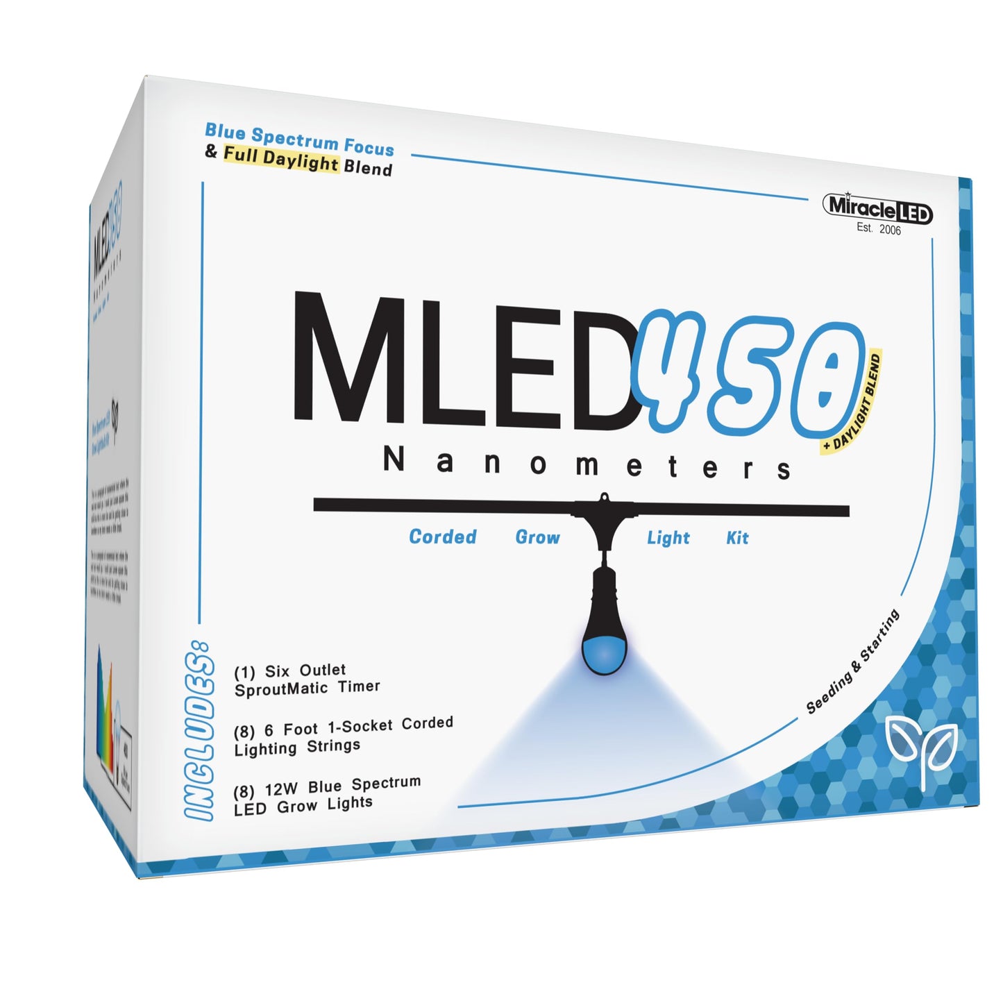 Miracle LED Nanometer 450 Indoor Grow Light Kit - Includes 3 Ultra Grow Blue Spectrum 150W Replacement Grow Light Bulbs & 1 3-Socket Corded Fixture with SproutMatic Timer (8-Pack)