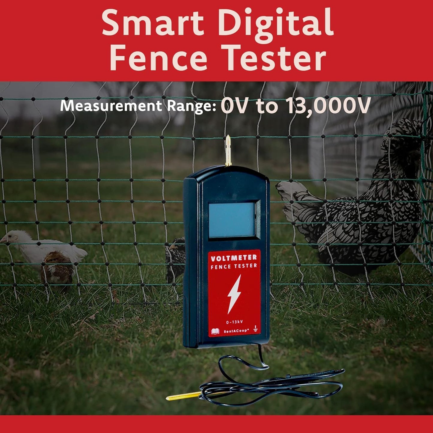 RentACoop Electric Poultry Netting Accessory Set - Includes - 0.38J Solar Fence Charger, 3' Grounding Rod, Gate Handle Kit, and Voltmeter Fence Tester