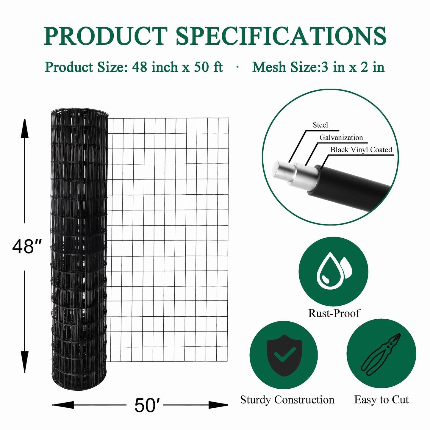 FOREHOGAR Black PVC Coated Welded Wire Fence 48 Inch x 50 Foot, 2 Inch x 3 Inch 16GA, Garden Border Fencing Roll Vinyl Coating Metal Wire Mesh for Yard Vegetable Plant Protection Poultry Netting