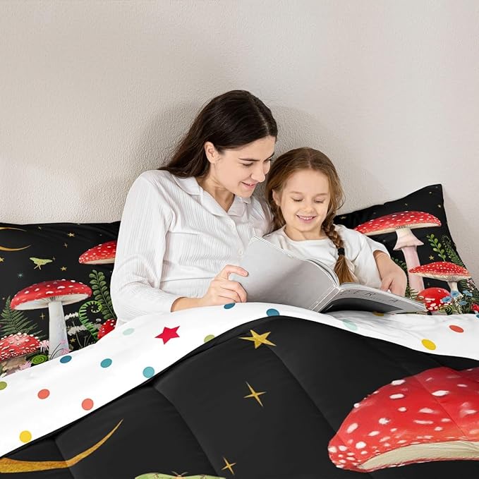 Castle Fairy Red Mushroom Girls Comforter Set Full Size,Magical Plant Snail Duvet Sets Teens Bedroom Decor,Jungle Botanical Brushed Microfiber Soft Bedding Comforter