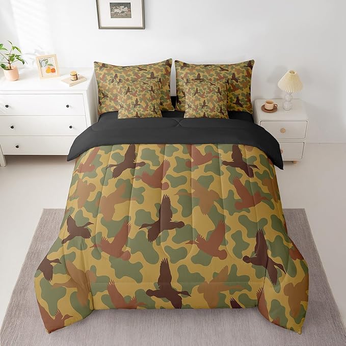 Feelyou Camouflage 7 Pieces Bedding Set Twin Size Duck and Camo Bedding Bed Set Set for Boys Teens Decor Duck Hunting Bed Set Includes Comforter, Sheet Set, Pillowcases Military Bedroom