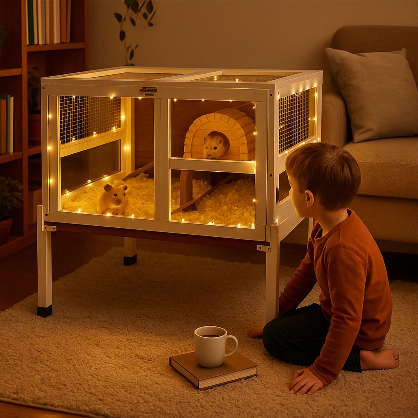 2-Story Guinea Pig Cage with Stand, Indoor Wooden Hamster Cage with Ramp, Pull-Out Tray, Hideout & Platform, Acrylic Transparent Small Animal Habitat for Chinchillas, Ferrets, Hedgehogs, Walnut