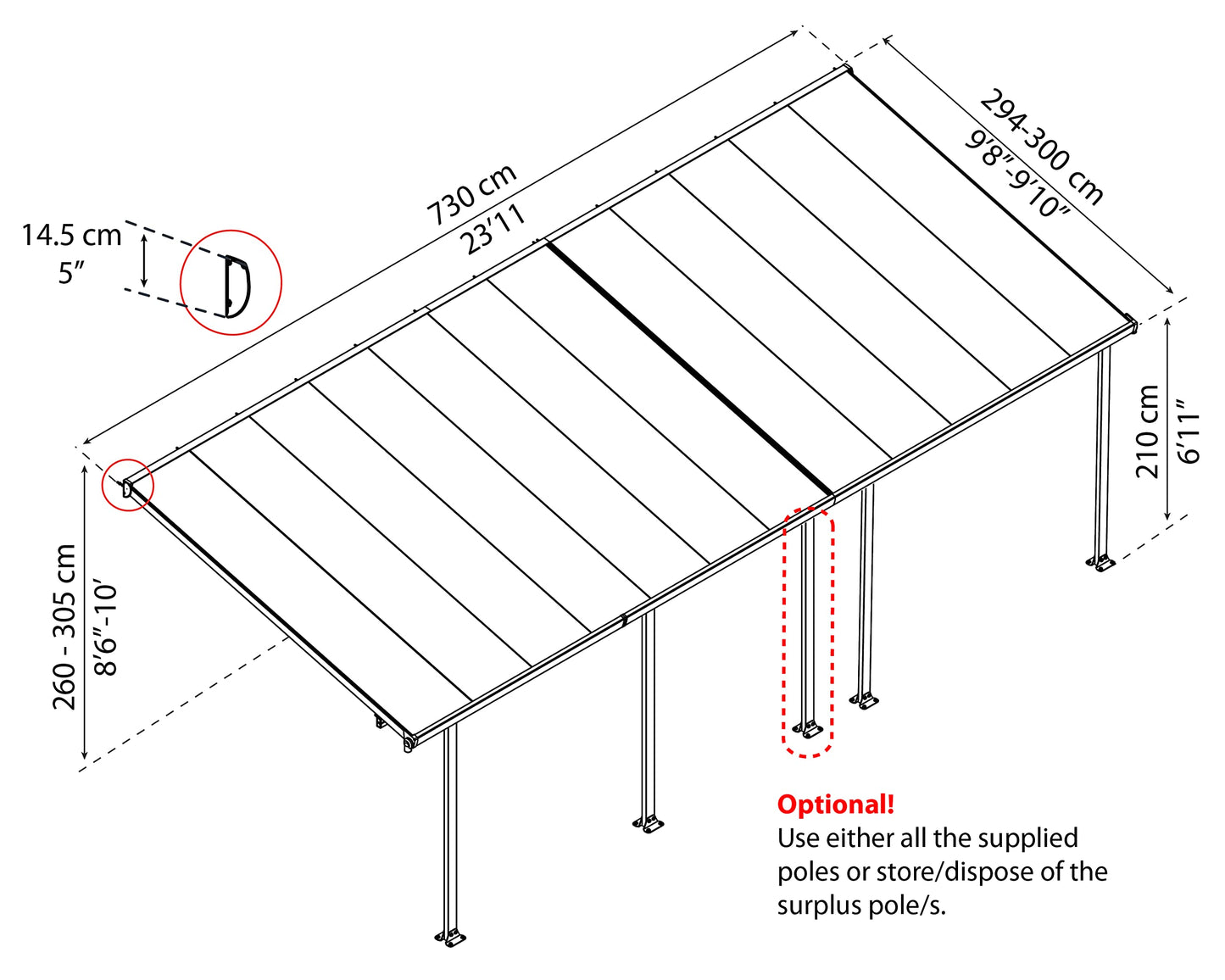 Palram - Canopia Feria Patio Cover 10' x 24' Gray/Clear Outdoor Canopy Awning, Waterproof, Shade, Outside Shelter For Backyard, Gutters, with 100% UV Protection