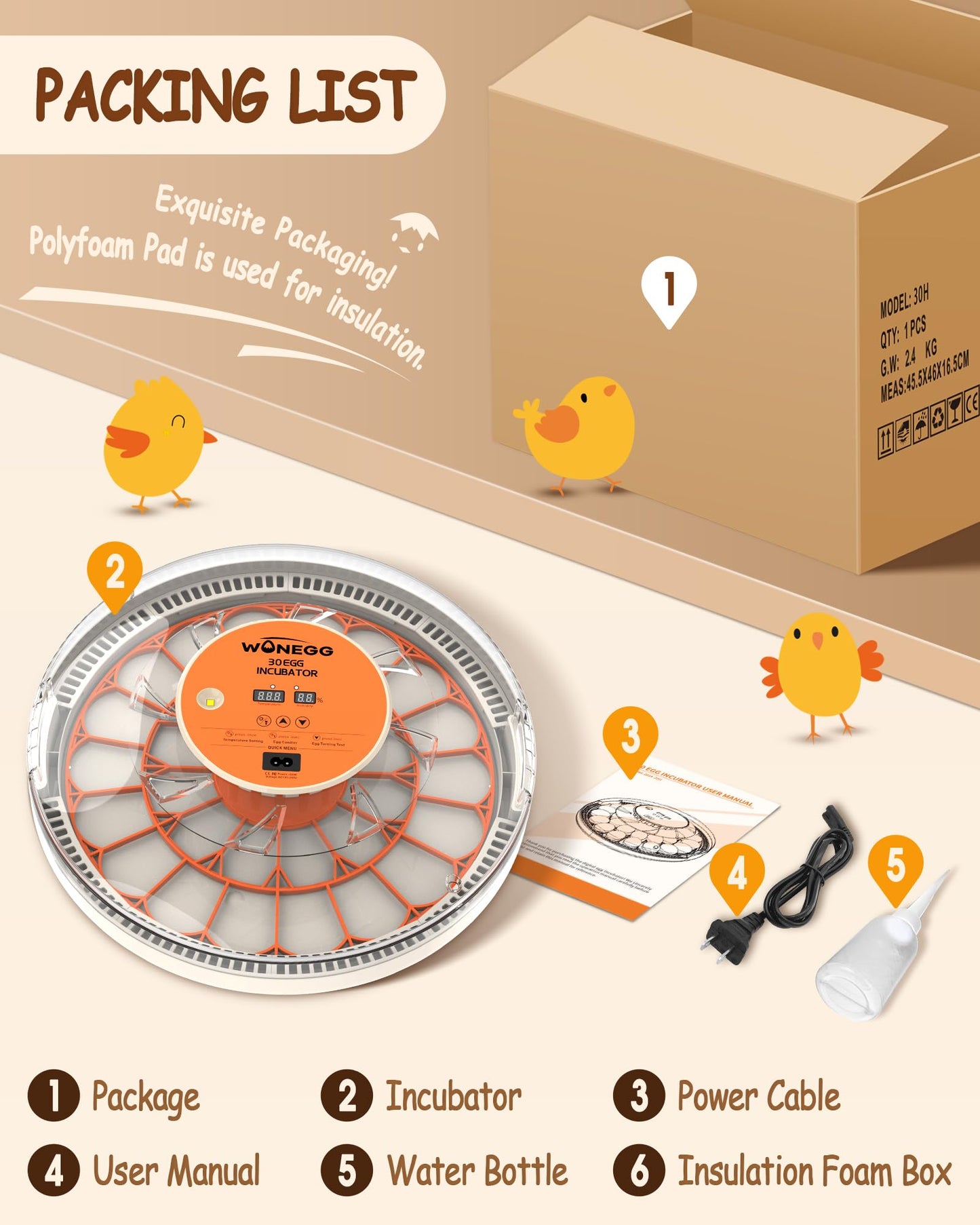 WONEGG 30 Egg Incubators for Hatching Eggs with Automatic Egg Turner, Auto Temperature Control, LED Candling, Humidity Monitor, 360° Viewing for Chicken Quail Parrot Birds