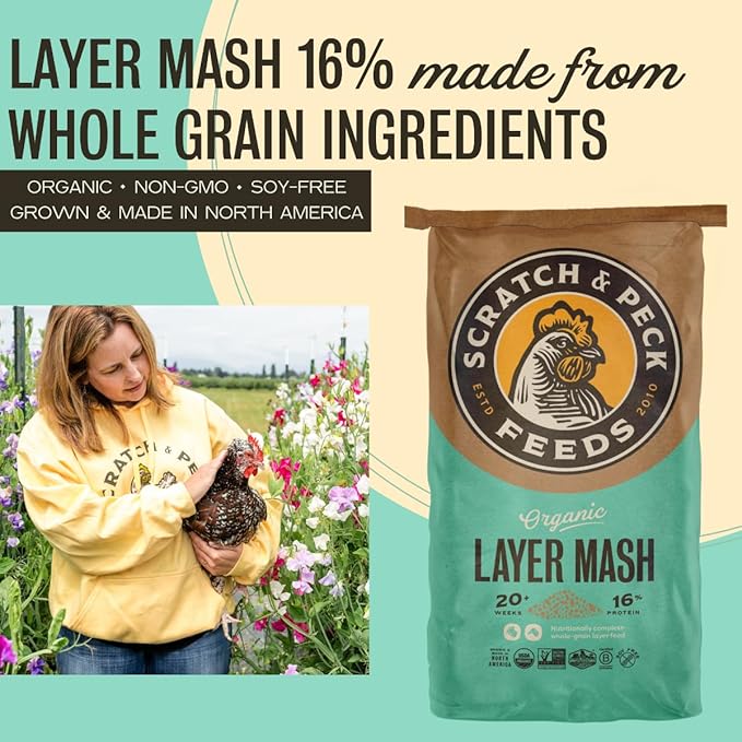 Scratch and Peck Feeds Whole Grain Layer Mash Chicken and Duck Feed - 40 lbs Bag - Corn-Free and Soy-Free - 16% Protein, Certified Organic and Non-GMO Project Verified Chicken Food