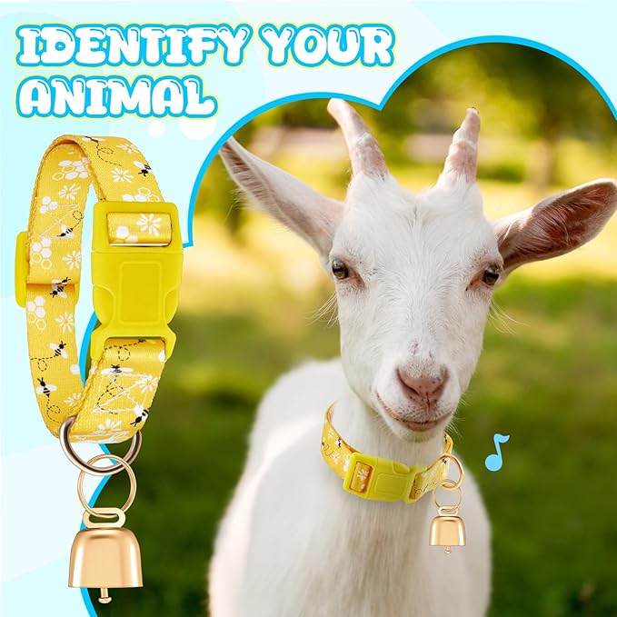 Talltalk 2 Pack Goat Collars with Bells Grazing Copper Bell and Adjustable Nylon Collar Set Loud Bronze Bell for Farm Sheep Cow Sheep Dog Accessories Christmas Thanksgiving Gift(Lemon, Bee)