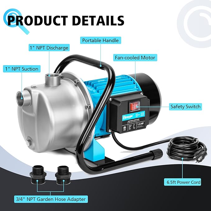1.5HP Shallow Jet Well Pump,Portable Water Transfer Garden Pump1200GPH Draining Irrigation Lawn Fountain Booster Pump for Water Removal