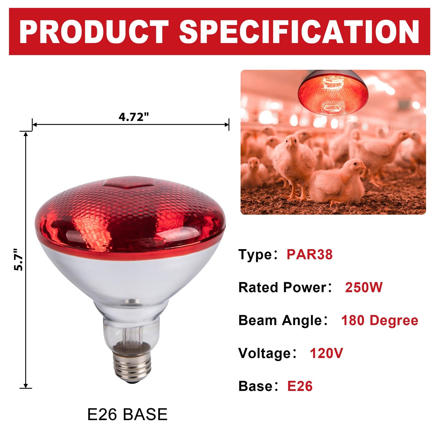 Wesome Lighting 4 Pack 250W Chicken Heat Lamp Bulbs, PAR38 Red Heat Lamp for Chicks, Infrared Reflector Heating Bulbs for Brooder Heater, Infrared Heat Lamp for Pet, Bathroom, Food