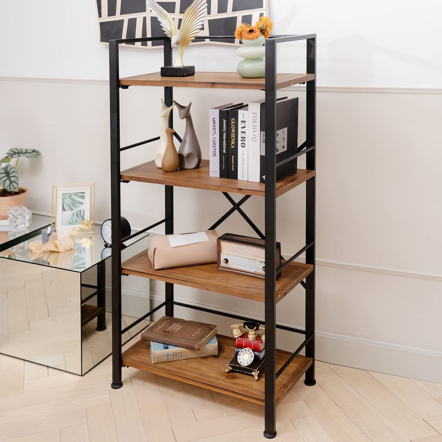 Crofy Rustic Bookshelf, 4 Tier Real Wood Bookshelf, Metal Book Shelf for Storage, Black Bookcase, 12.6" D x 23.62" W x 50.39" H