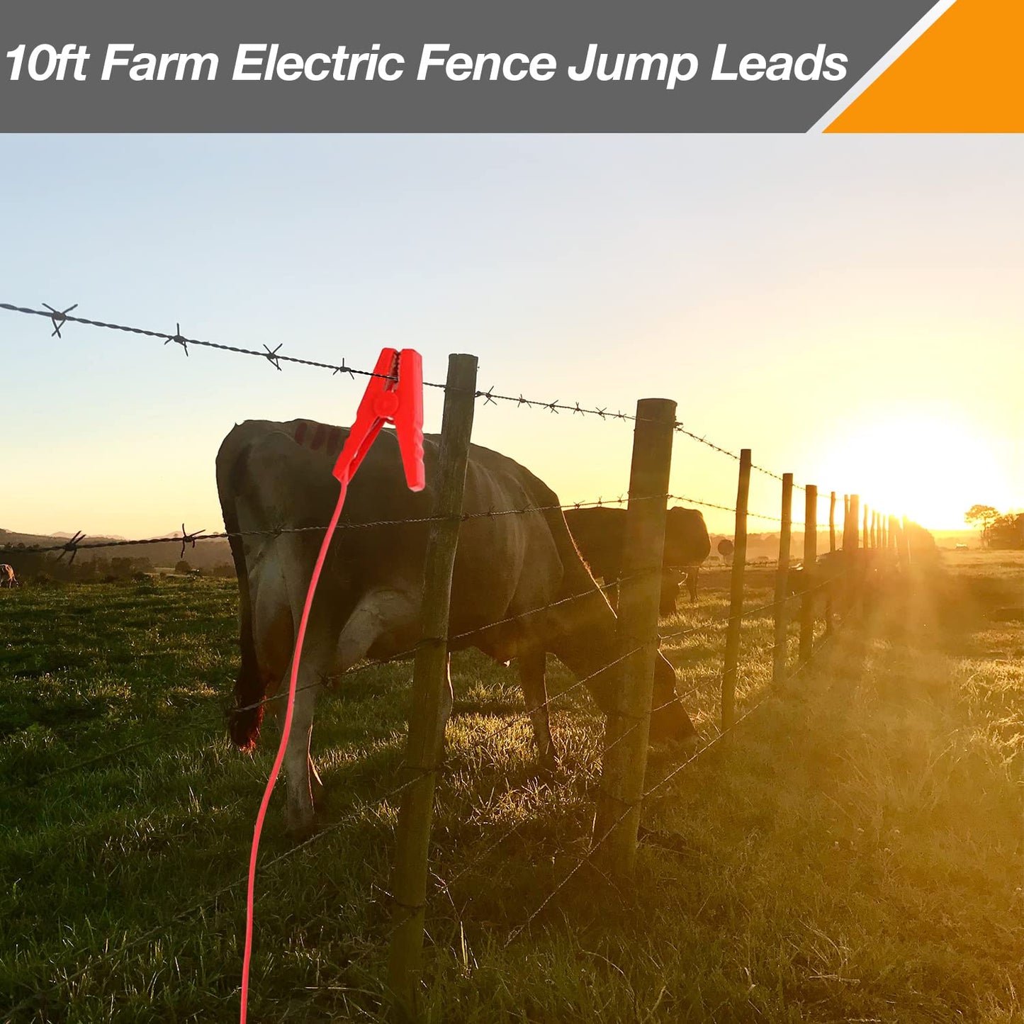 HIBUMFX 10ft Farm Electric Fence Jump Leads - UL Listed Tinned Copper Wire with Crocodile Clip for Energizer to Fence Wire & Ground System (10ft Energizer Leads Set)