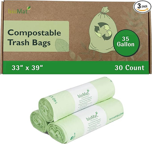 bioMat 35 Gallon Compostable Bin Liners for Food Waste, 30 Count, BPI ASTM D6400 and CMA Certified, Large Compost Bags for Compost Bin