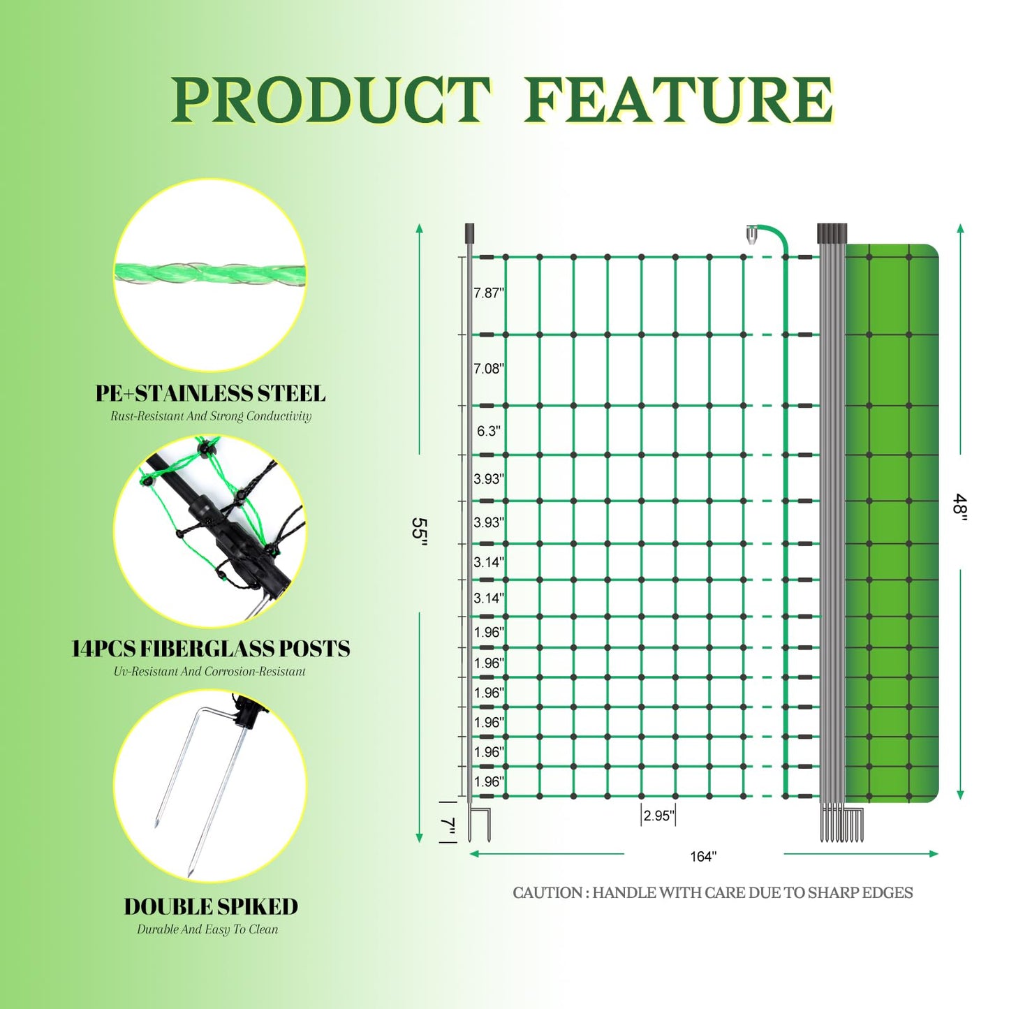 ANDMON Electric Poultry Netting, 48" x 164' Electric Fence Netting with Double Spiked Fiberglass Posts, Electric Chicken Fence for Poultry in Backyards, Homesteads, Farms and Ranches