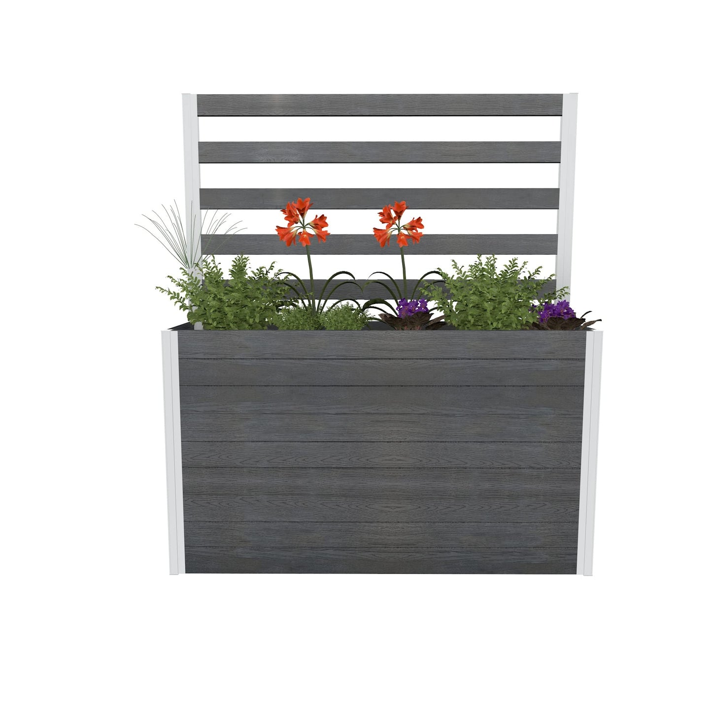 Vita Urbana 16 inch x 56 inch x 33 inch Embossed Vinyl Large Parklette Planter with Trellis, Slate Grey, Gray, Woodgrain, PVC, BPA and Pthalate Free, VT17634