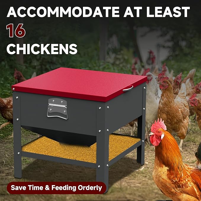Automatic Chicken and Duck Feeder, 80 LBS Capacity Metal Chicken Feeder, Weatherproof Outdoor Gravity Feeding Barrel, No-Waste Feeder for Backyard Flock (Red)