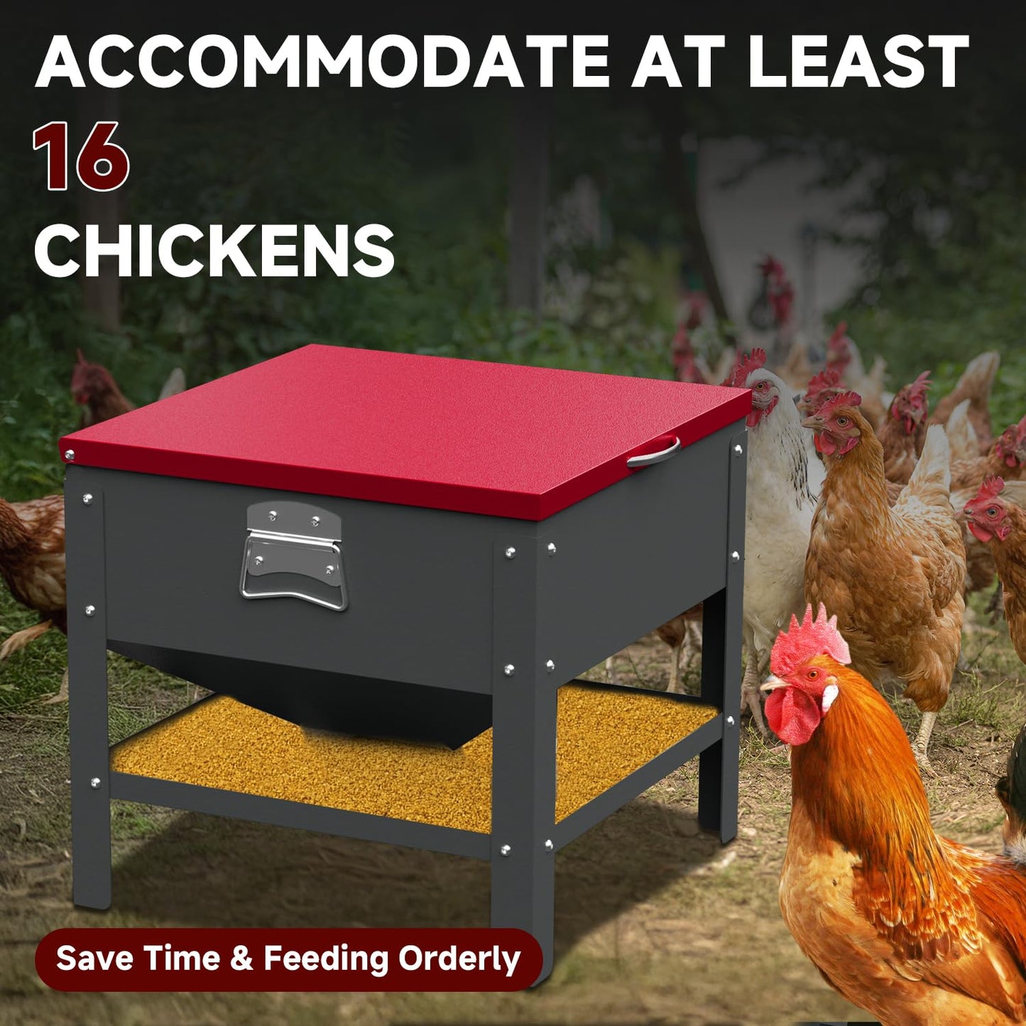 Automatic Chicken and Duck Feeder, 80 LBS Capacity Metal Chicken Feeder, Weatherproof Outdoor Gravity Feeding Barrel, No-Waste Feeder for Backyard Flock (Red)