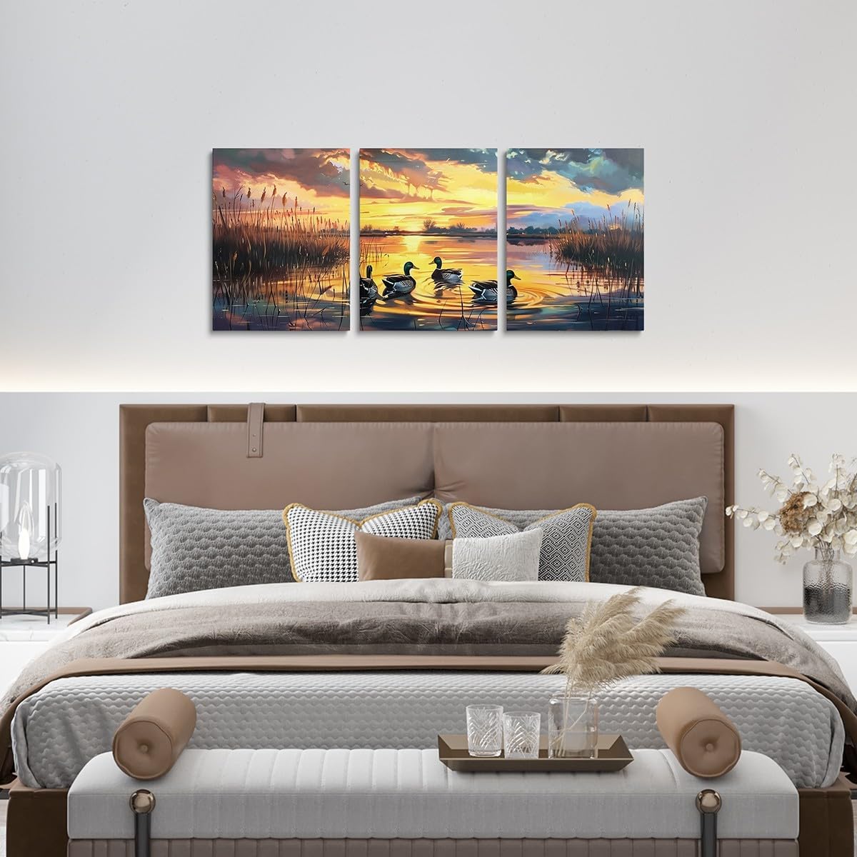 Wild Duck Canvas Wall Art for Living Room Bedroom,Hunt Wild Animals Wall Painting Teens Girls Boys Lake House Sunset Scenery Picture Wall Decor Rustic Farmhouse Wall Art for Home Decor 12"x16"x 3Pcs