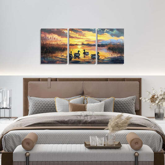 Wild Duck Canvas Wall Art for Living Room Bedroom,Hunt Wild Animals Wall Painting Teens Girls Boys Lake House Sunset Scenery Picture Wall Decor Rustic Farmhouse Wall Art for Home Decor 12"x16"x 3Pcs