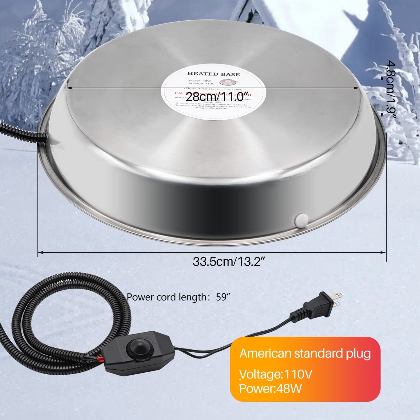 Chicken Waterer Heater,14 Inch Heated Chicken Waterer Base for Winter 5 Gallon with Anti-bite Cable for Poultry Fountains Water Bowl Plastic Metal Waterer