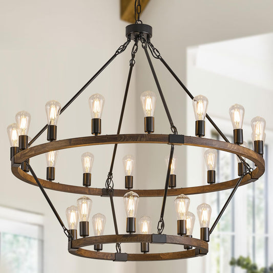Poemoon 2 Tier Wooden Wagon Wheel Chandelier 43.3'' Farmhouse 24 Lights(16+8) Black Rustic Light Fixture 2-Story Round Wood Chandelier for High Ceiling Living Dining Room Foyer Villa
