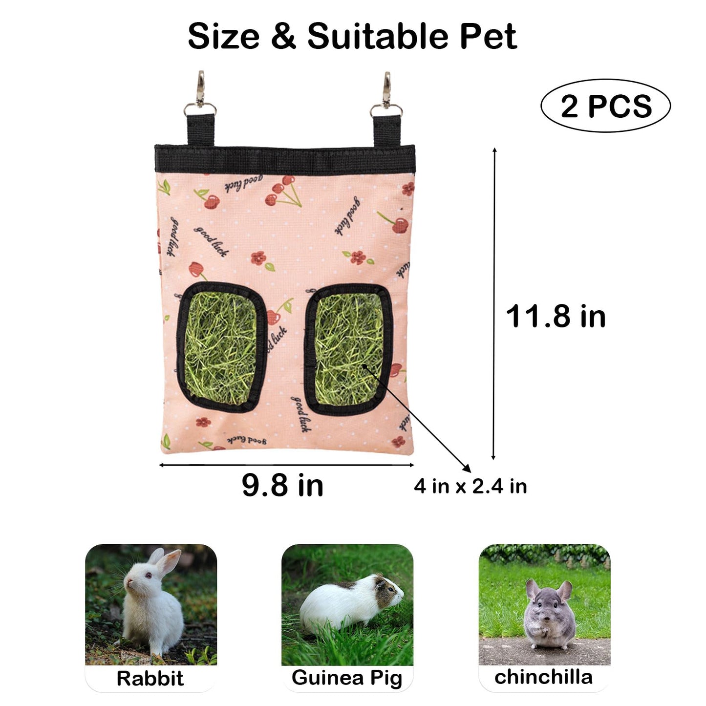 Rabbit Hay Feeder Bag, Large Capacity Rabbit Hay Bag Small Animal Hanging Hay Bag 600D Oxford Cloth Bunny Hay Feeder Bag for Rabbits Guinea Pigs Chinchillas (Pink-2 Holes-2Pcs)