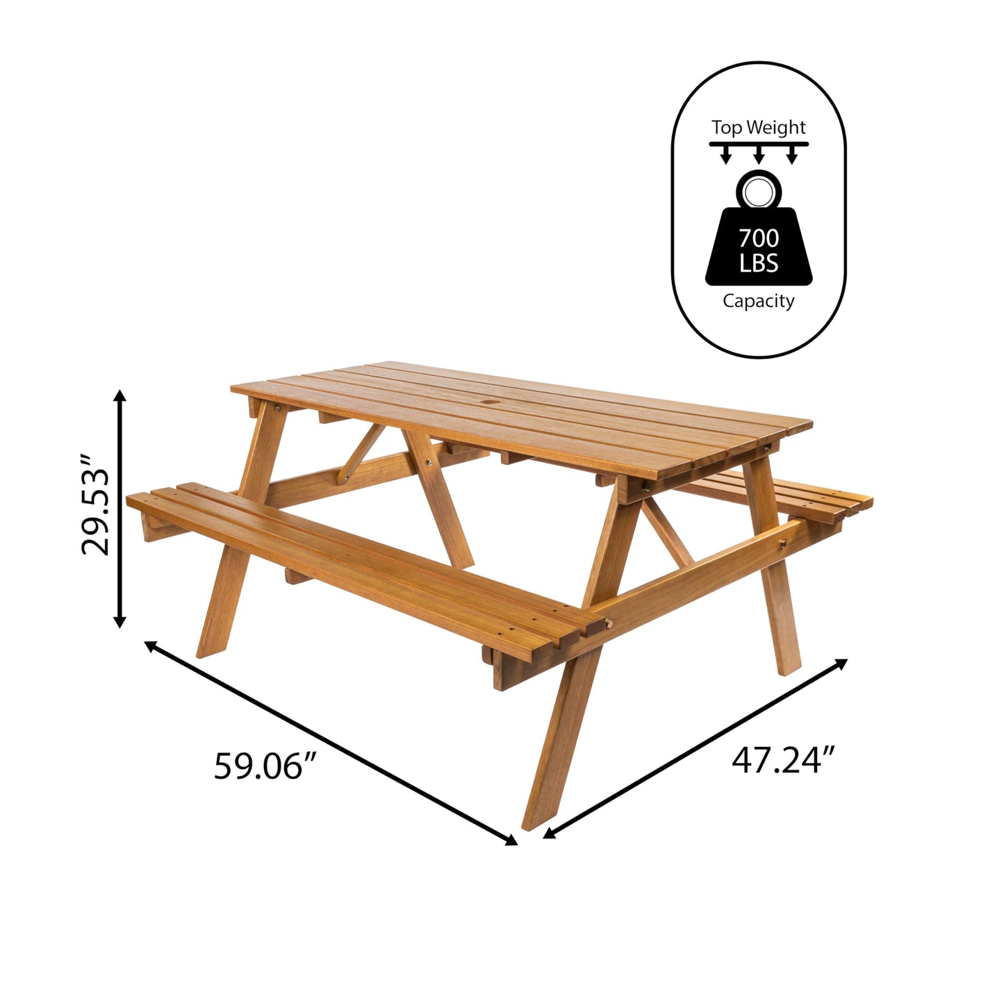 JONATHAN Y BNH200A Shoreham 59" Modern Classic Outdoor Wood Picnic Table Benches with Umbrella Hole Traditional, Coastal, Mid-Century, Vintage, Farmhouse, Teak Brown