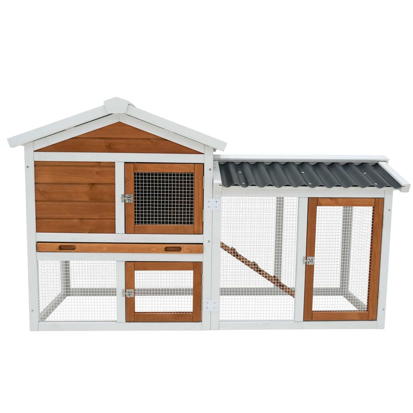 YOPTO 58" Rabbit Cage W/Ramp,Waterproof Rabbit Hutch W/Removable Tray,Wooden Bunny Cage Indoor W/Three Doors & Sloped Roof,Poultry Cage for Small to Medium Pets,Orange-Yellow+White
