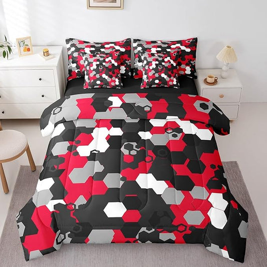 jejeloiu Red Honeycomb 7 Pieces Bedding Set King Size Modern Hexagon Theme Comforter Set with Sheets for Kids Boys Decor Camouflage Camo Geometric Abstract Bed in a Bag Soft Bedroom Decor