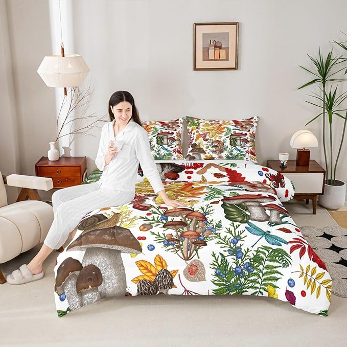 Castle Fairy Mushroom Boys Girls Comforter Set,Rustic Wild Plants Duvet Set for Room Decor,Nature Burgundy Plant Snail Brushed Microfiber Soft Quilt Cover,Full