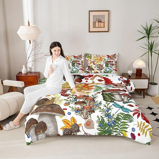 Castle Fairy Mushroom Boys Girls Comforter Set,Rustic Wild Plants Duvet Set for Room Decor,Nature Burgundy Plant Snail Brushed Microfiber Soft Quilt Cover,Full