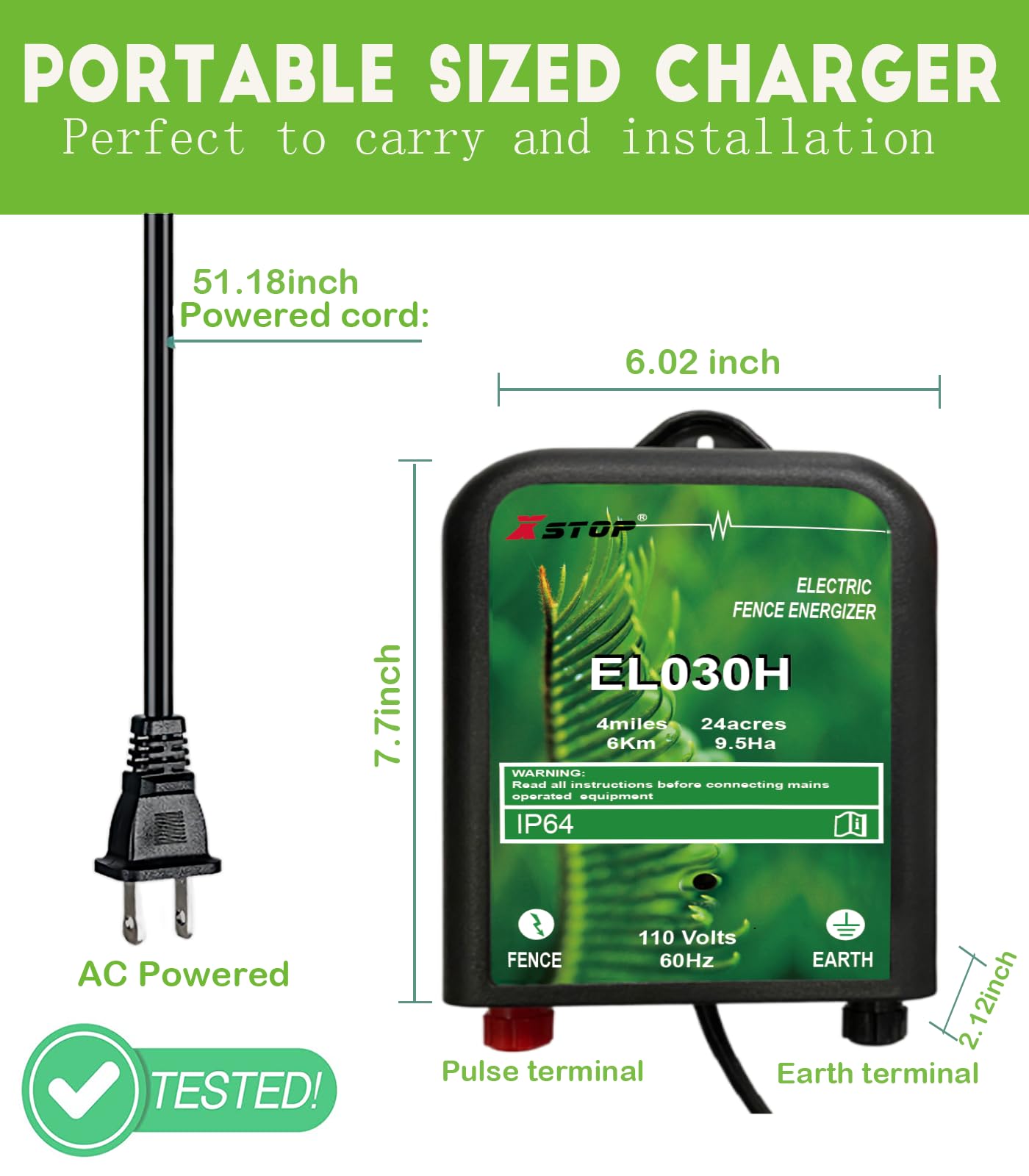 Electric Fence Charger XSTOP EL030H 3.7 Miles Low Impedance Electric Fence Energizer Output 8500V 0.3Joule Best for Dogs,Horses,Livestock, Squirrels,Deer Electric Fence System