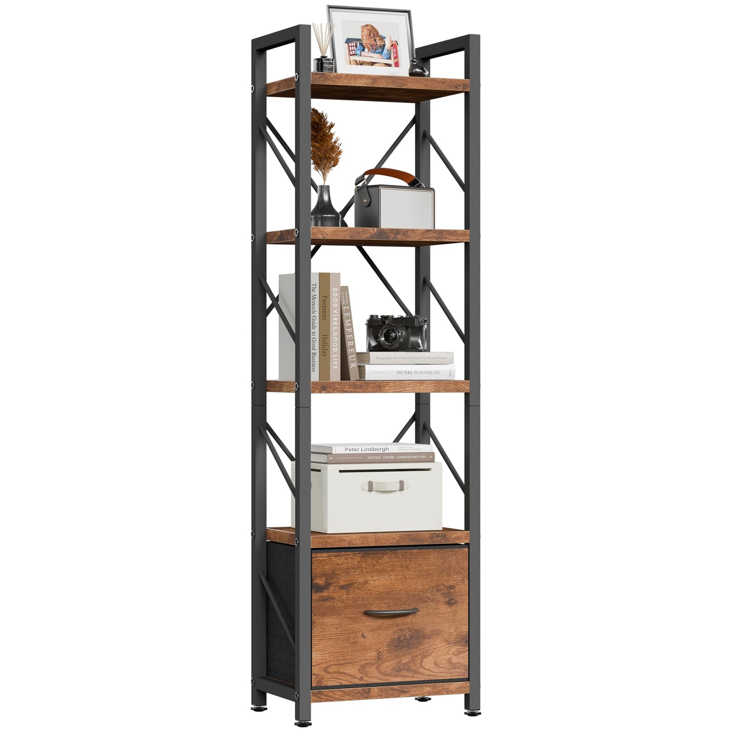 Shintenchi Bookshelf, 5 Tier Bookcase with Drawer,Home Office Bookcase Shelf Storage Organizer,Metal and Wood Industrial Bookshelves for Bedroom, Living Room and Home Office,Rustic Brown