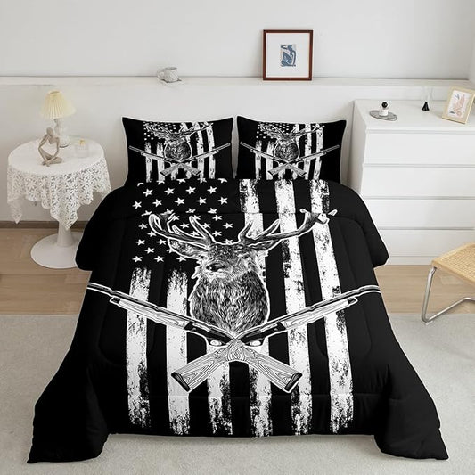Erosebridal Deer Comforter Set American Flag Bedding Set King Size Hunting Theme Duvet Set Western Rustic Farmhouse Decor Quilts Wild Animal Elk Print Down Comforter USA Flag Comforter 3 Pcs