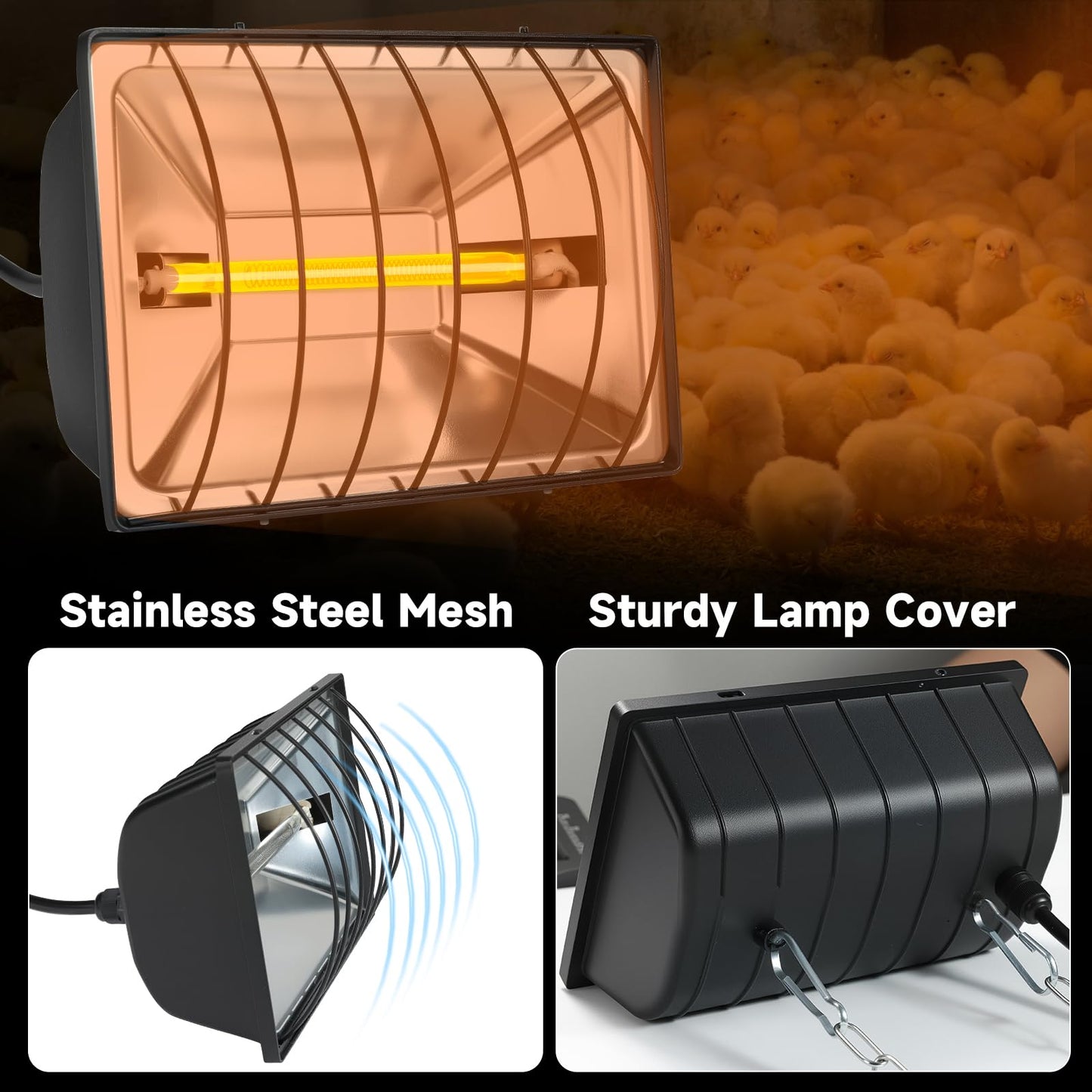 Chicken Coop Heating Lamp, Carbon Fiber Heat Lamp with 175W and 250W Bulbs, Brooder Heater with Guard, Ideal for Poultry, Livestock & Small Pets